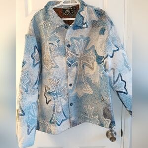 Rebel Vengeance NWT XL Blue Tapestry Cross Pattern Jacket Bold Vintage Inspo